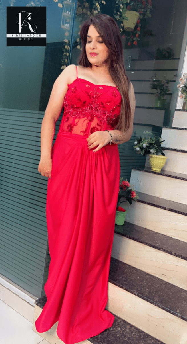 Red Embroidered Drape Dress with Cut - Worked Shrug - Kirti Kapoor Couture
