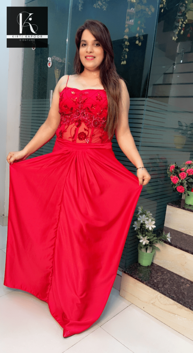 Red Embroidered Drape Dress with Cut - Worked Shrug - Kirti Kapoor Couture