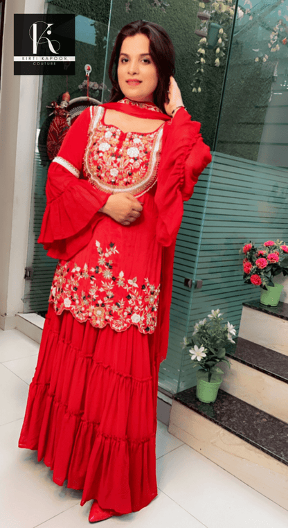 Red Embroidered Gathered Skirt - Shirt with Cut - worked Dupatta - Kirti Kapoor Couture