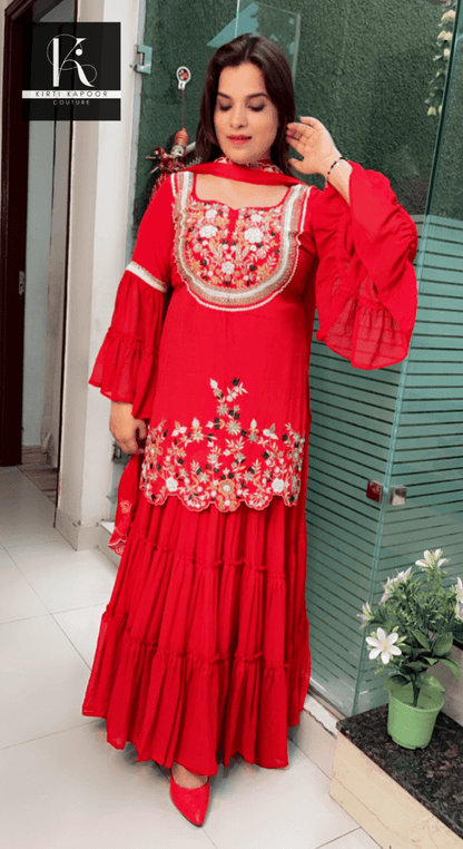 Red Embroidered Gathered Skirt - Shirt with Cut - worked Dupatta - Kirti Kapoor Couture
