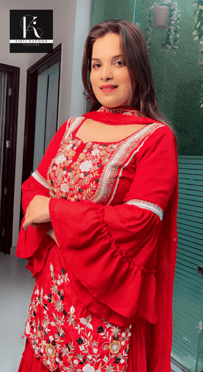 Red Embroidered Gathered Skirt - Shirt with Cut - worked Dupatta - Kirti Kapoor Couture