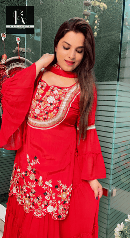 Red Embroidered Gathered Skirt - Shirt with Cut - worked Dupatta - Kirti Kapoor Couture