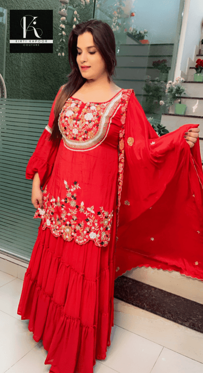 Red Embroidered Gathered Skirt - Shirt with Cut - worked Dupatta - Kirti Kapoor Couture