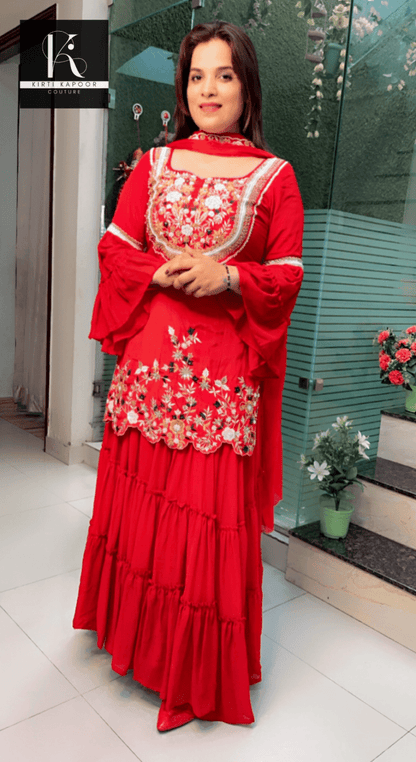 Red Embroidered Gathered Skirt - Shirt with Cut - worked Dupatta - Kirti Kapoor Couture