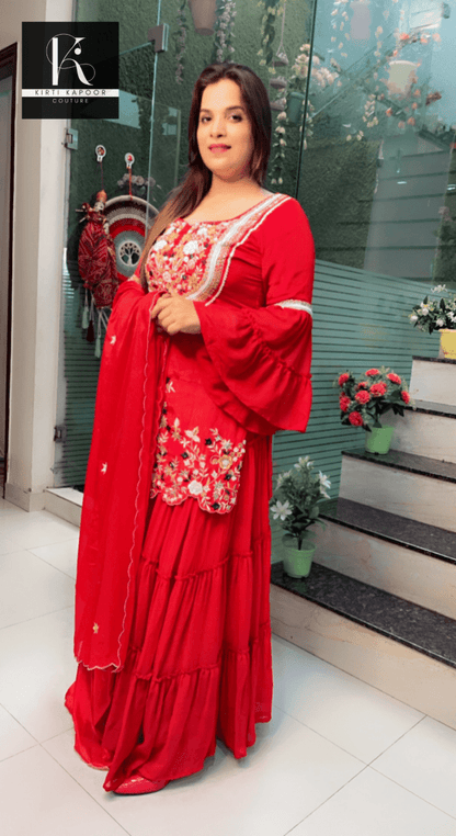 Red Embroidered Gathered Skirt - Shirt with Cut - worked Dupatta - Kirti Kapoor Couture