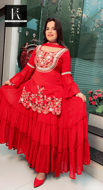 Red Embroidered Gathered Skirt - Shirt with Cut - worked Dupatta - Kirti Kapoor Couture