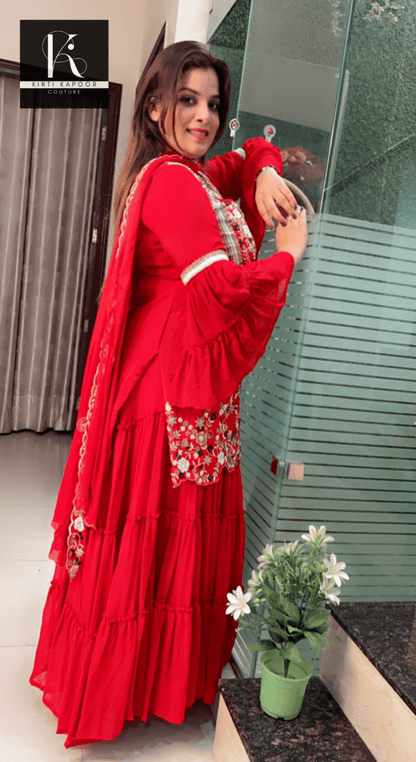 Red Embroidered Gathered Skirt - Shirt with Cut - worked Dupatta - Kirti Kapoor Couture