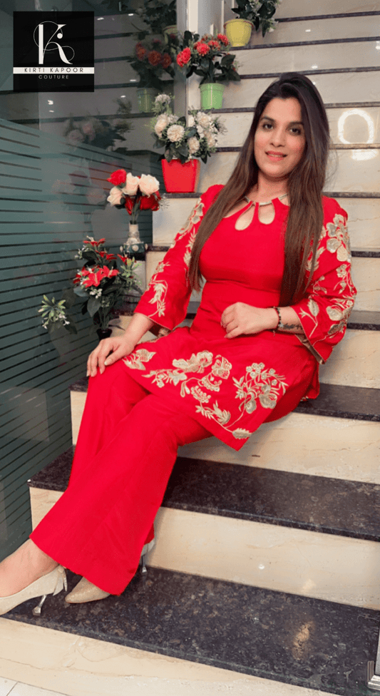 Red Hand - Embroidered Set with Designer Neckline - Kirti Kapoor Couture
