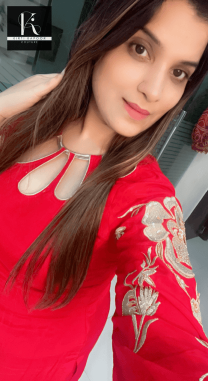 Red Hand - Embroidered Set with Designer Neckline - Kirti Kapoor Couture