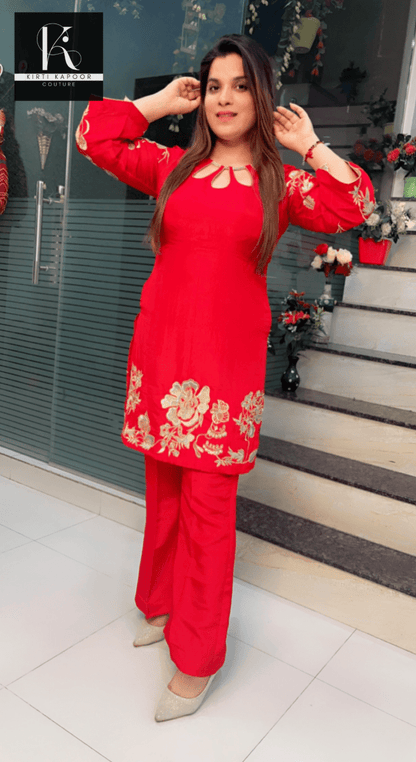 Red Hand - Embroidered Set with Designer Neckline - Kirti Kapoor Couture