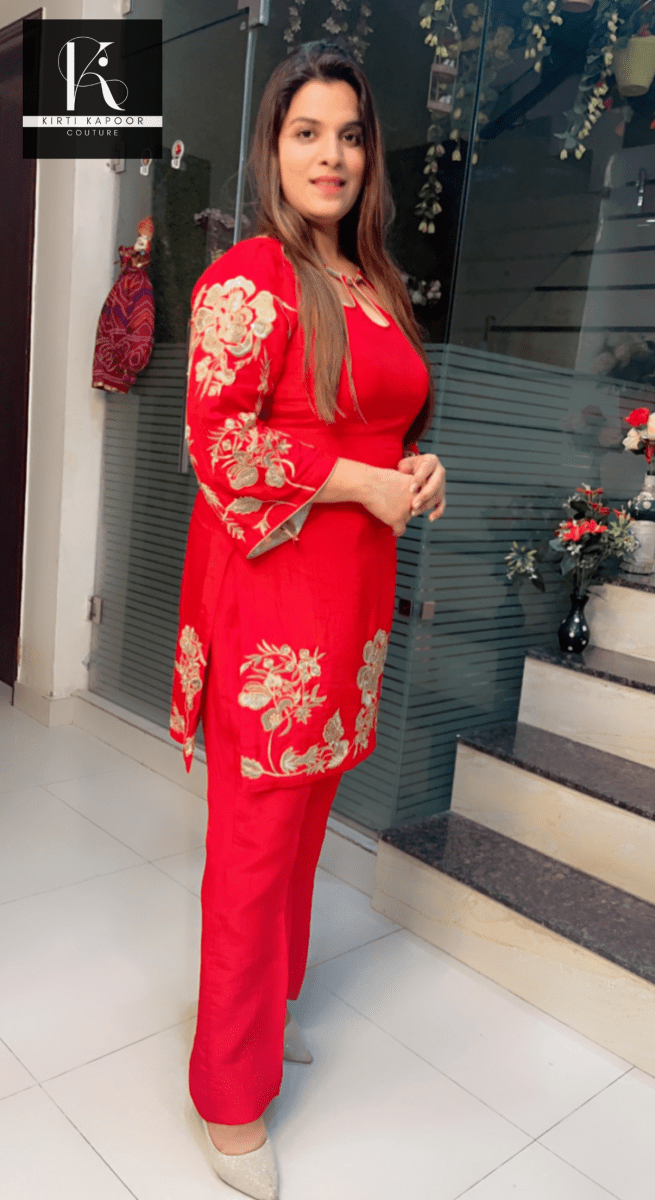Red Hand - Embroidered Set with Designer Neckline - Kirti Kapoor Couture