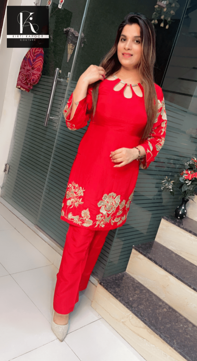Red Hand - Embroidered Set with Designer Neckline - Kirti Kapoor Couture