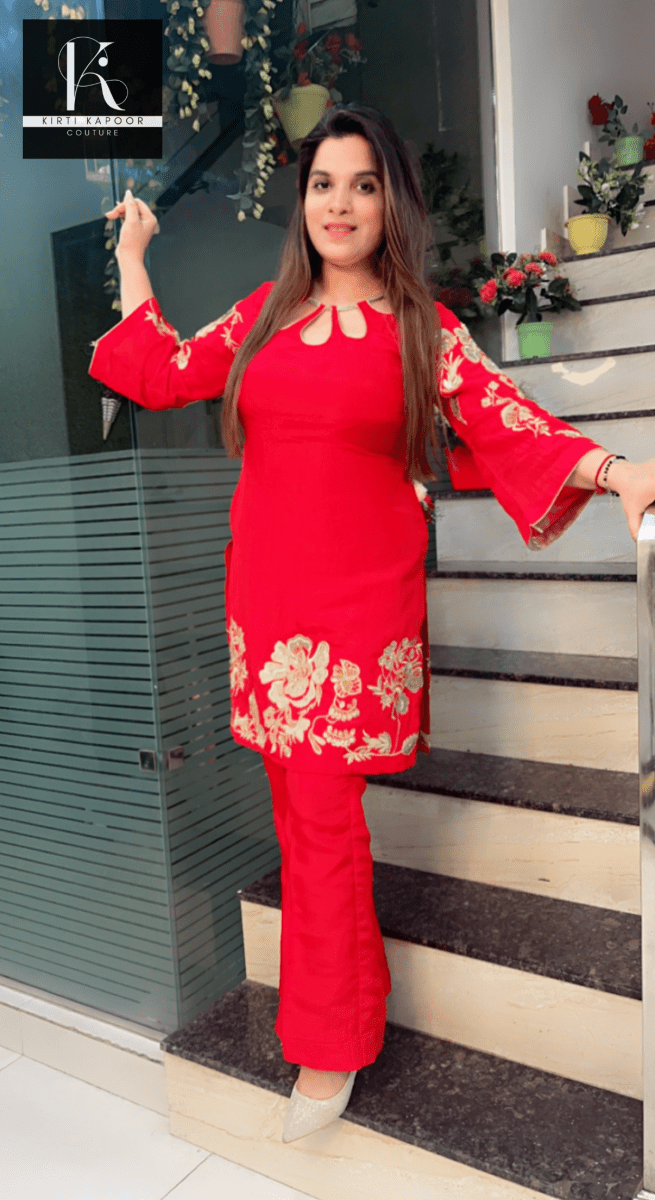 Red Hand - Embroidered Set with Designer Neckline - Kirti Kapoor Couture