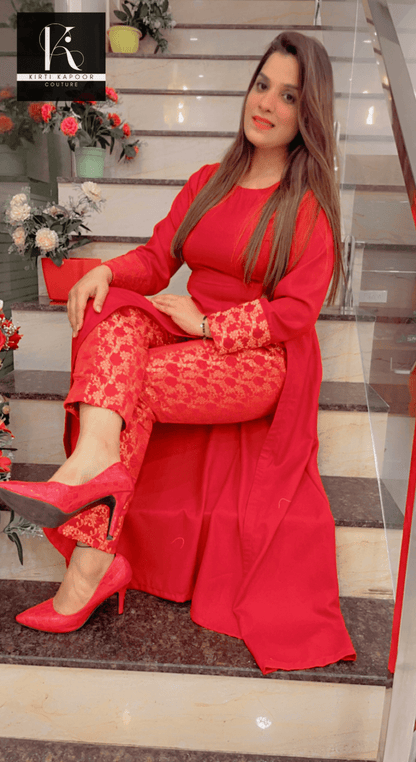 Red Pashmina Shirt with Brocade Pant - Kirti Kapoor Couture