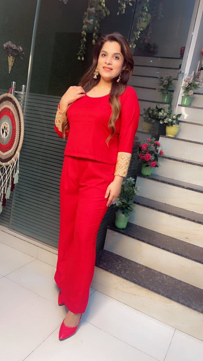 Red Pashmina top and pant with Worked Silk Upper - Kirti Kapoor Couture
