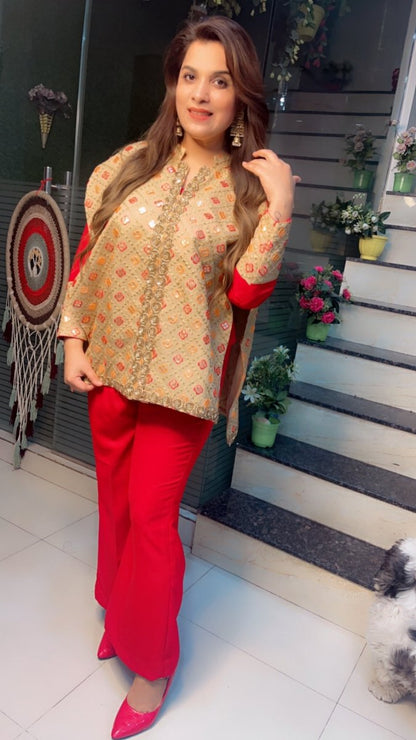 Red Pashmina top and pant with Worked Silk Upper - Kirti Kapoor Couture