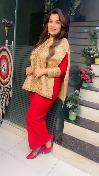 Red Pashmina top and pant with Worked Silk Upper - Kirti Kapoor Couture