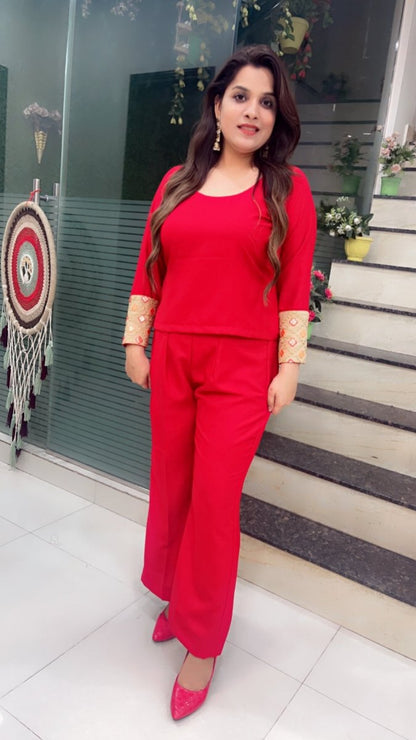 Red Pashmina top and pant with Worked Silk Upper - Kirti Kapoor Couture
