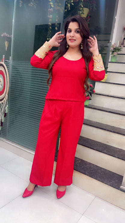 Red Pashmina top and pant with Worked Silk Upper - Kirti Kapoor Couture