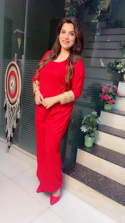 Red Pashmina top and pant with Worked Silk Upper - Kirti Kapoor Couture