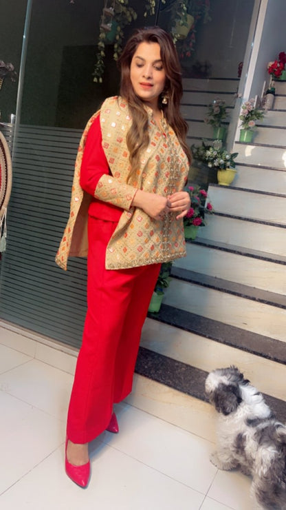 Red Pashmina top and pant with Worked Silk Upper - Kirti Kapoor Couture