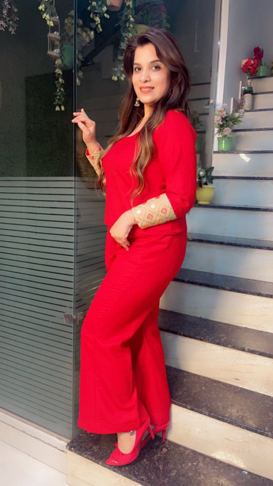 Red Pashmina top and pant with Worked Silk Upper - Kirti Kapoor Couture