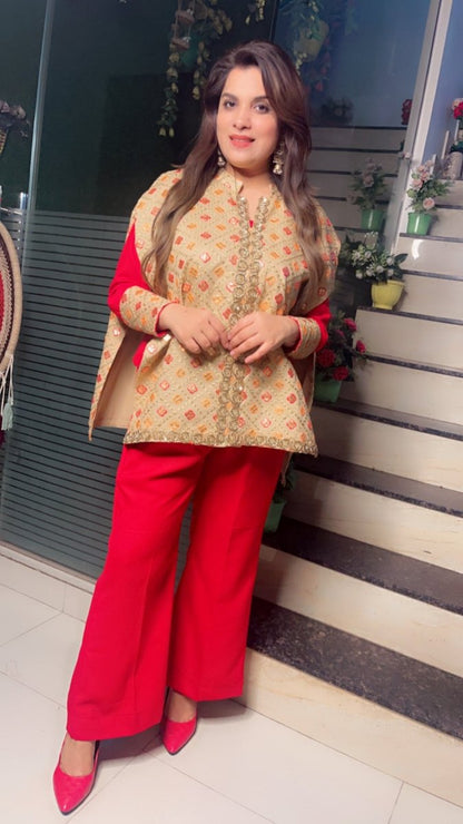 Red Pashmina top and pant with Worked Silk Upper - Kirti Kapoor Couture