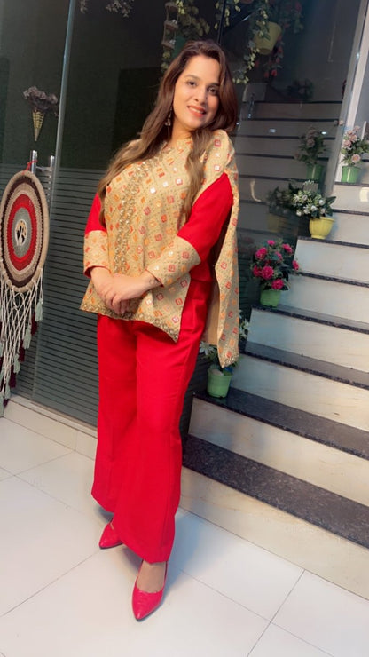 Red Pashmina top and pant with Worked Silk Upper - Kirti Kapoor Couture