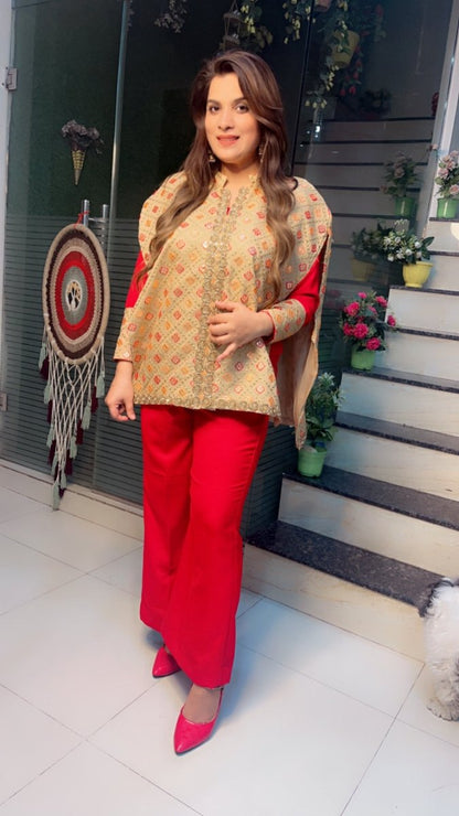 Red Pashmina top and pant with Worked Silk Upper - Kirti Kapoor Couture