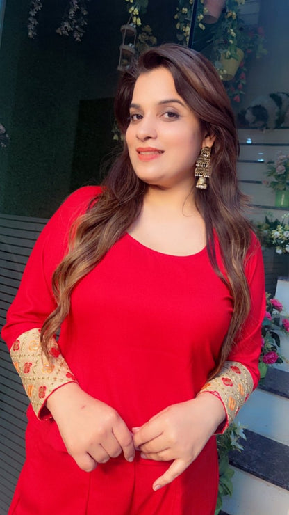 Red Pashmina top and pant with Worked Silk Upper - Kirti Kapoor Couture