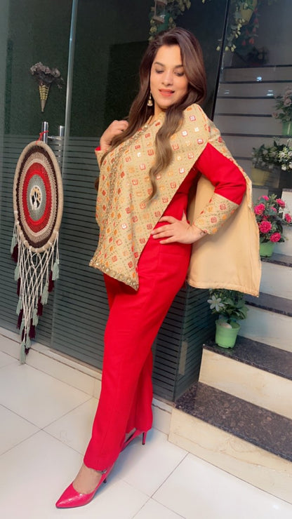 Red Pashmina top and pant with Worked Silk Upper - Kirti Kapoor Couture