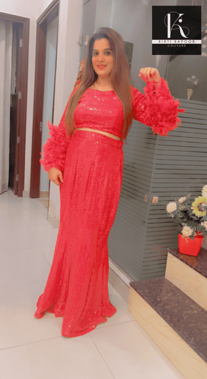 Red Sequence Top With Fish - Cut Skirt - Kirti Kapoor Couture