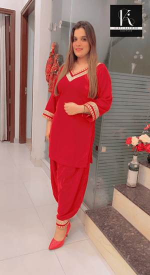 Red Velvet Suit with Designer Lace - work - Kirti Kapoor Couture
