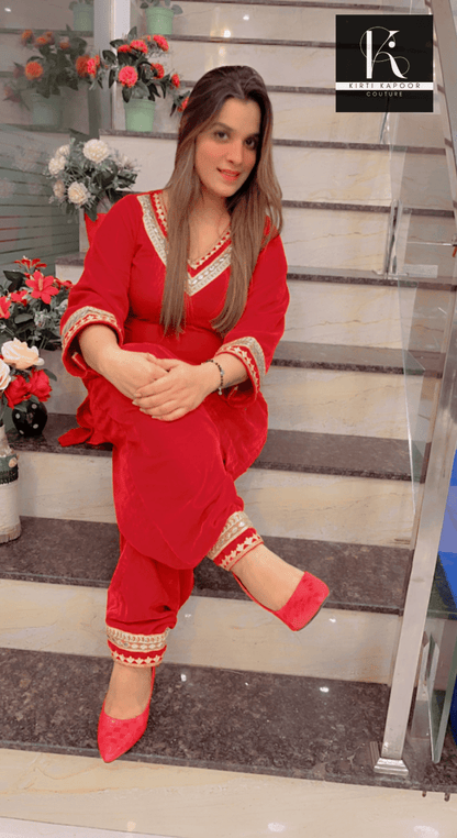 Red Velvet Suit with Designer Lace - work - Kirti Kapoor Couture