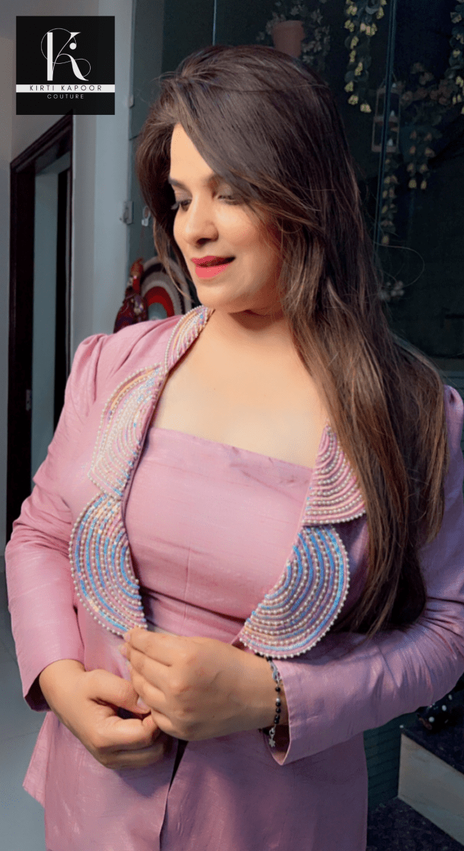 Rose Pink Hand - Embroidered Blazer Set (Three - Piece Set) - Kirti Kapoor Couture