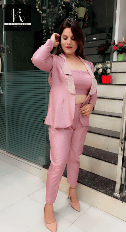Rose Pink Hand - Embroidered Blazer Set (Three - Piece Set) - Kirti Kapoor Couture