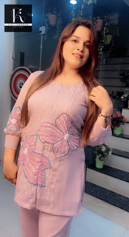 Rose Pink Hand - Embroidered Shimmer Co - ord Set - Kirti Kapoor Couture