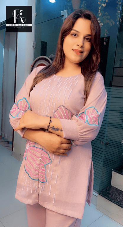 Rose Pink Hand - Embroidered Shimmer Co - ord Set - Kirti Kapoor Couture