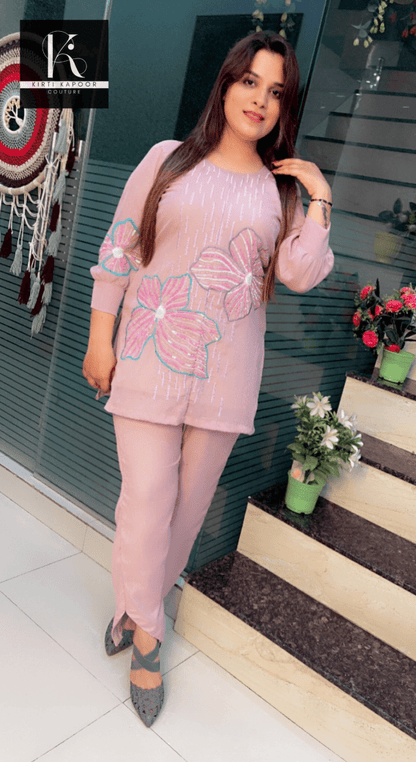Rose Pink Hand - Embroidered Shimmer Co - ord Set - Kirti Kapoor Couture