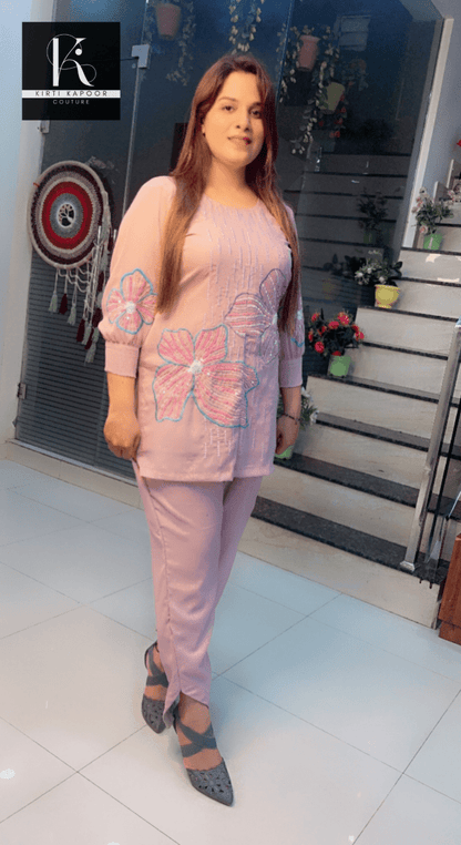 Rose Pink Hand - Embroidered Shimmer Co - ord Set - Kirti Kapoor Couture