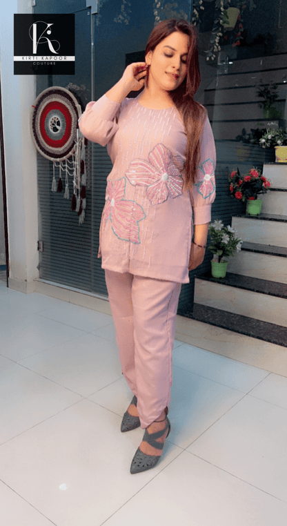 Rose Pink Hand - Embroidered Shimmer Co - ord Set - Kirti Kapoor Couture