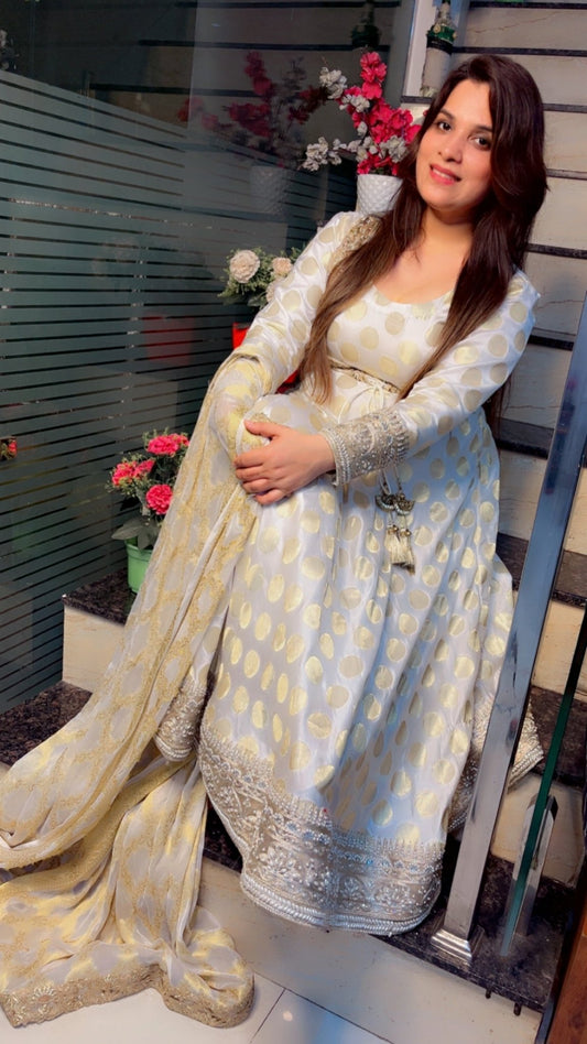 Royal and Ethnic White Brocade Anarkali with Banarasi Dupatta - Kirti Kapoor Couture