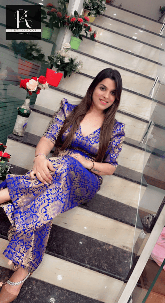 Royal Blue Brocade Jumpsuit - Kirti Kapoor Couture