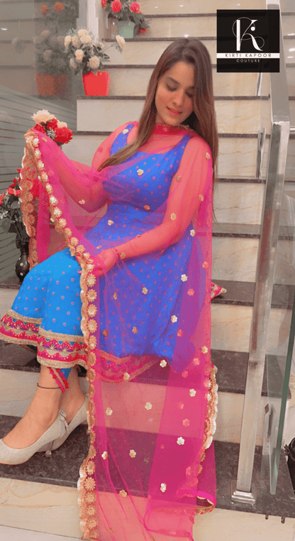 Royal Blue Brocade Suit with Tulip Dhoti - Kirti Kapoor Couture
