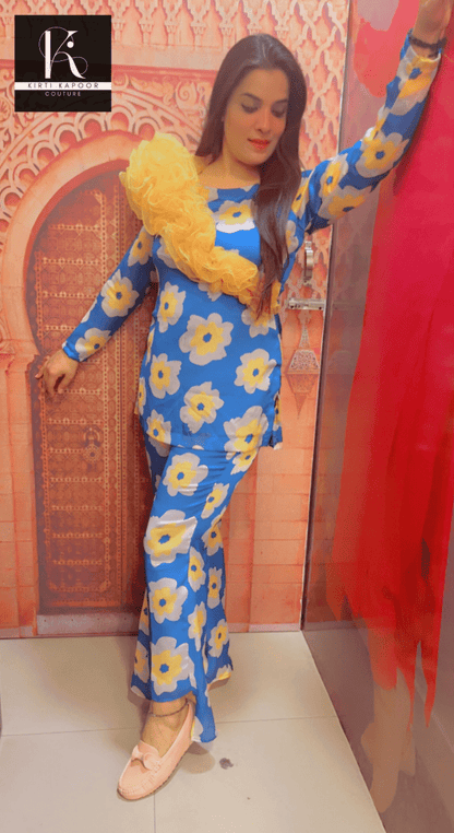 Royal Blue Floral Print Co - ord Set With Yellow Highlights - Kirti Kapoor Couture