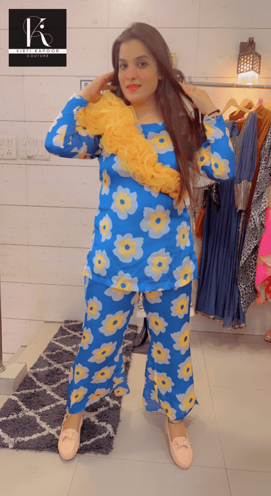Royal Blue Floral Print Co - ord Set With Yellow Highlights - Kirti Kapoor Couture