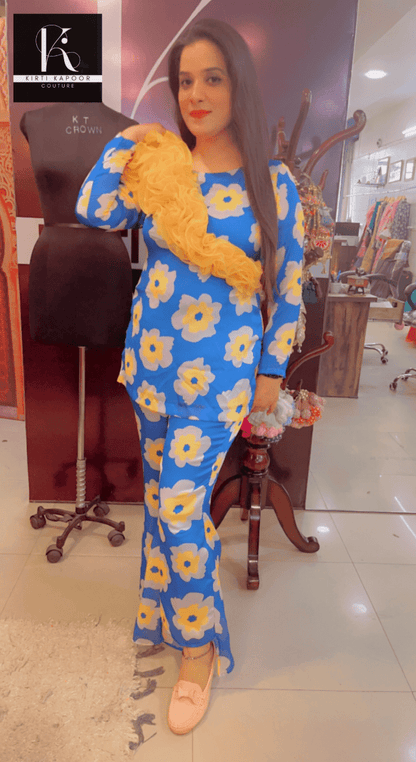 Royal Blue Floral Print Co - ord Set With Yellow Highlights - Kirti Kapoor Couture