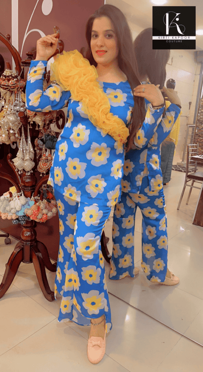 Royal Blue Floral Print Co - ord Set With Yellow Highlights - Kirti Kapoor Couture