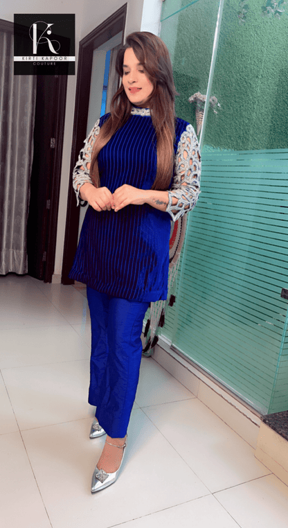 Royal Blue Jarkan Worked Velvet Set - Kirti Kapoor Couture