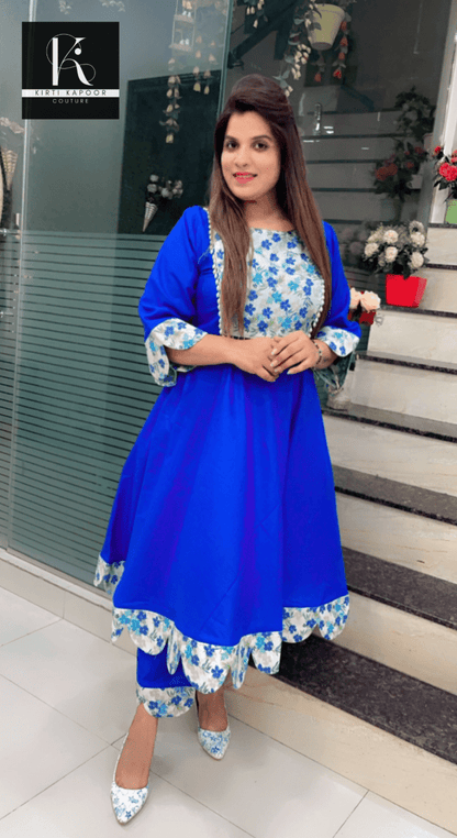 Royal Blue Patch - Worked A - line Kurti Set - Kirti Kapoor Couture